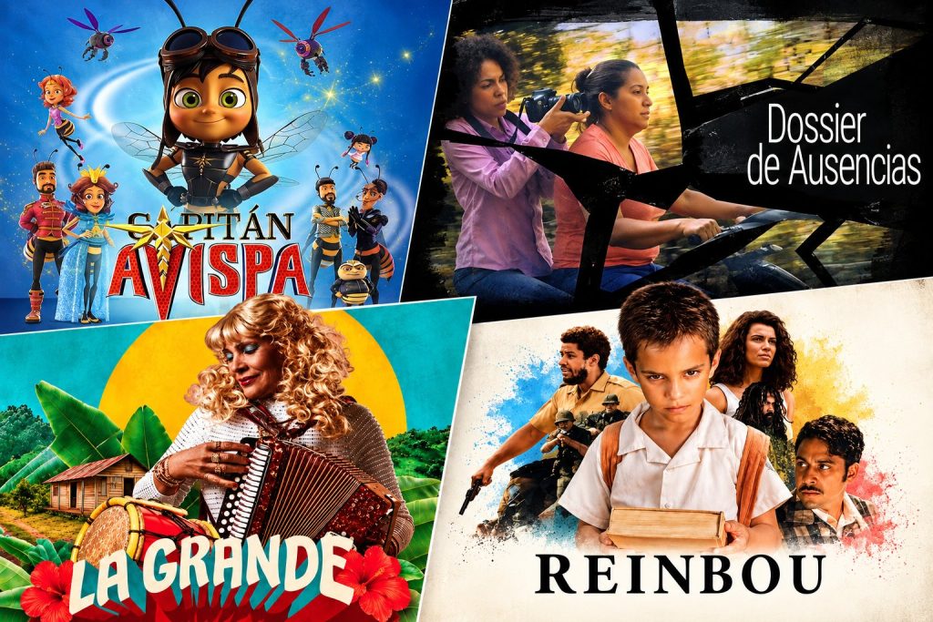 Collage de películas dominicanas: Capitán Avispa, Dossier de ausencias, La Grande y Reinbou